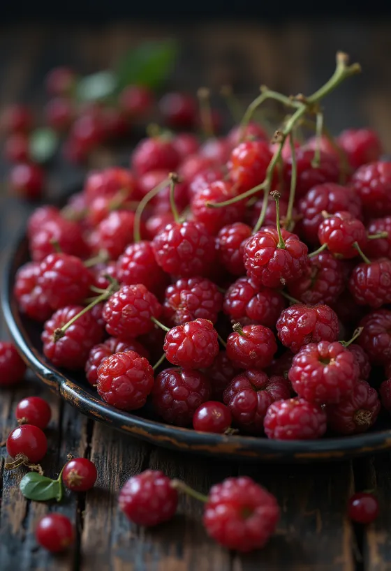 Bayas de Schisandra frescas de color rojo, algunas cortadas, en estado crudo