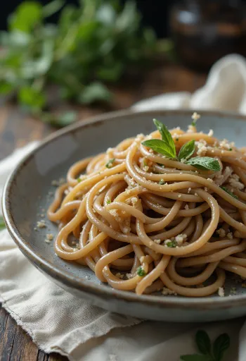 Fideos soba secos de trigo sarraceno en cuenco rústico, superficie de madera