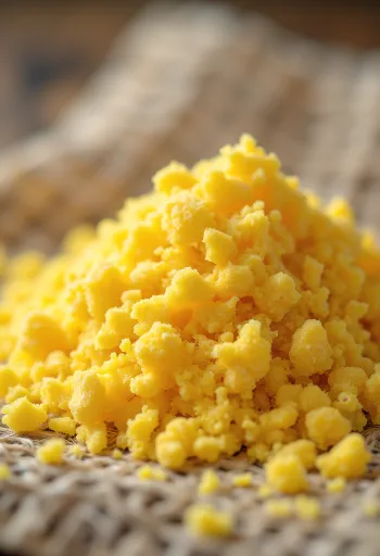 Copos de levadura nutricional en cuenco y esparcidos con cuchara de madera sobre superficie de cocina