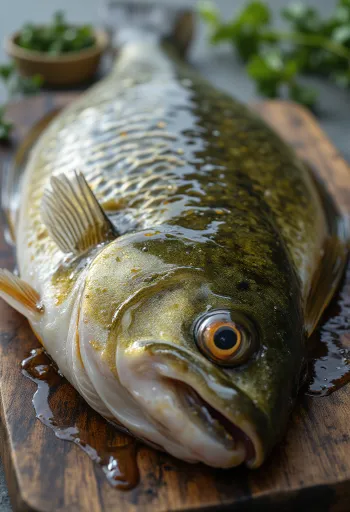 Filetes de perca frescos con limón y especias en tabla de madera
