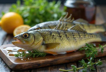 Filetes de perca frescos con limón y especias en tabla de madera