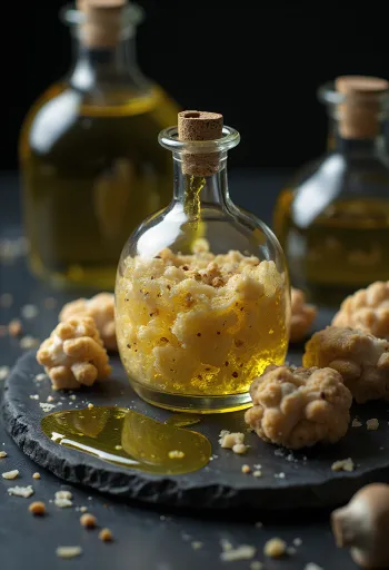 Aceite de trufa en botella pequeña con láminas de trufa y servido