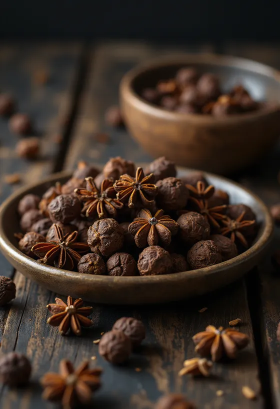 Granos de pimienta de Jamaica en cuenco de madera