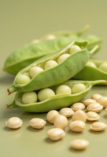 Habas de soja en cuenco y edamame sobre mesa de madera