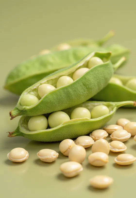 Habas de soja en cuenco y edamame sobre mesa de madera