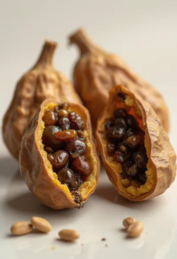 Vainas de tamarindo enteras y abiertas con pulpa, junto a pasta de tamarindo