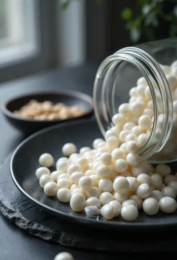 Perlas de tapioca en cuenco de cerámica, esparcidas sobre superficie de madera