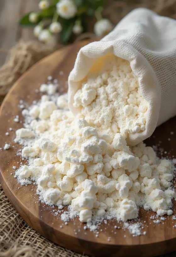 Almidón de tapioca fino en cuenco y cuchara, superficie clara