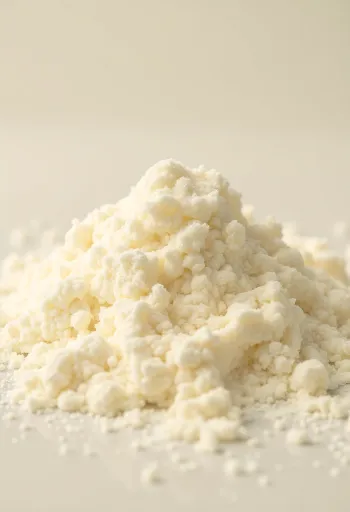 Leche en polvo en cuenco y cuchara de madera sobre mesa