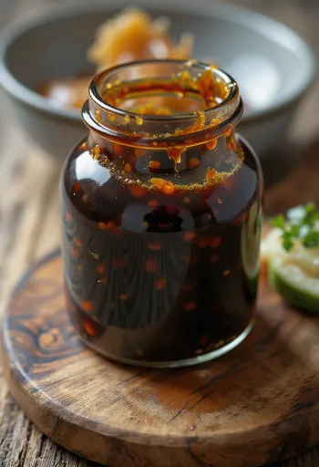 Salsa teriyaki brillante y marrón oscuro en cuenco de cerámica, junto a salsa de soja, mirin, sake y azúcar moreno en cuencos pequeños