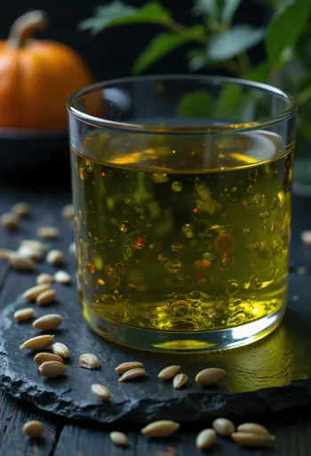 Aceite de calabaza verde oscuro en cuenco con semillas verdes