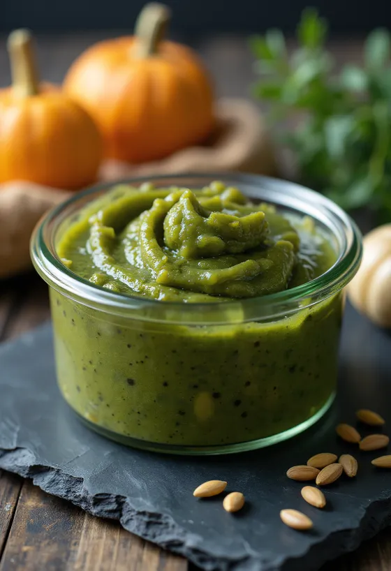 Tarro de crema de semillas de calabaza verde oscuro junto a pipas de calabaza peladas sobre madera