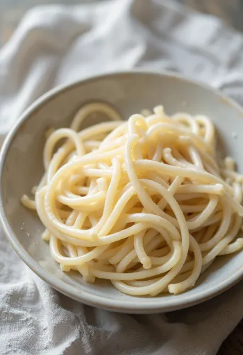 Fideos Udon secos en cuenco rústico sobre madera con luz natural