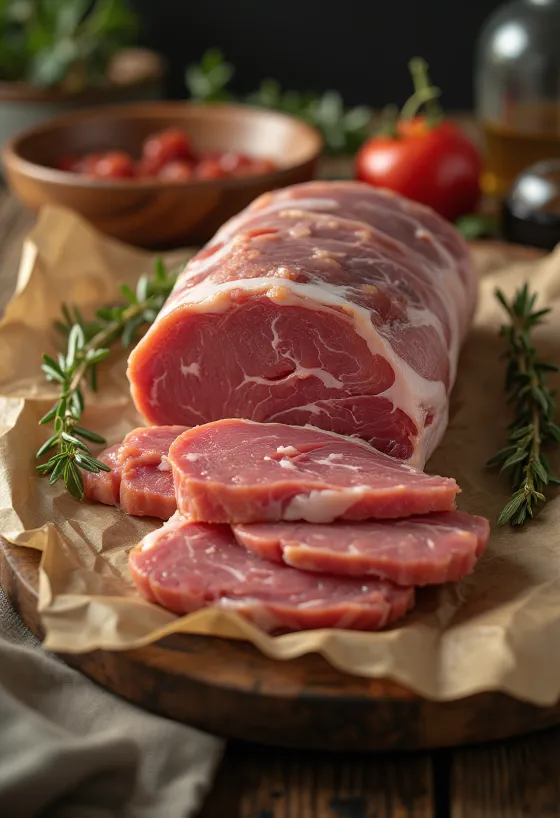Filetes de lomo de jabalí crudo sobre tabla con especias