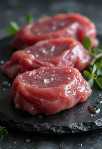 Carne de pato silvestre fileteada con especias sobre madera