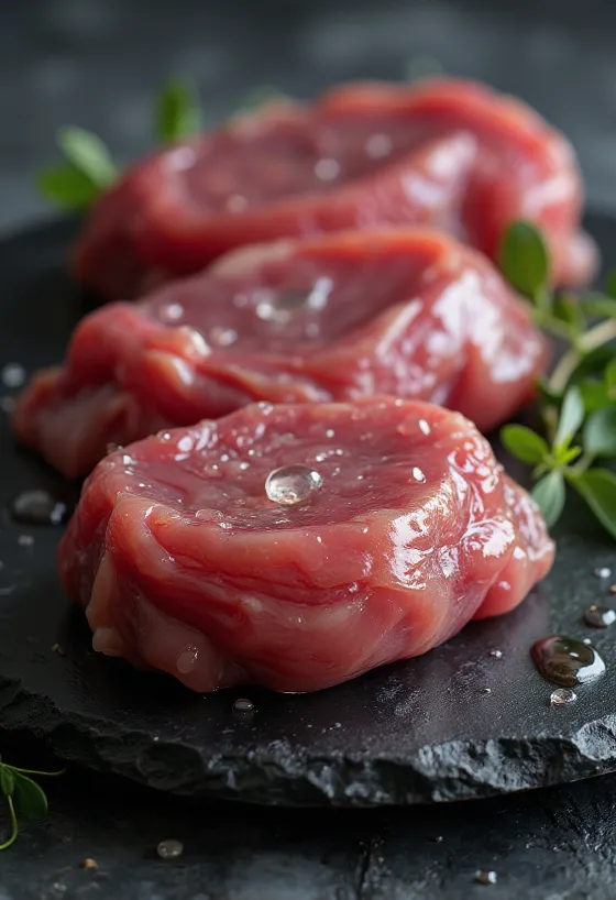 Carne de pato silvestre fileteada con especias sobre madera