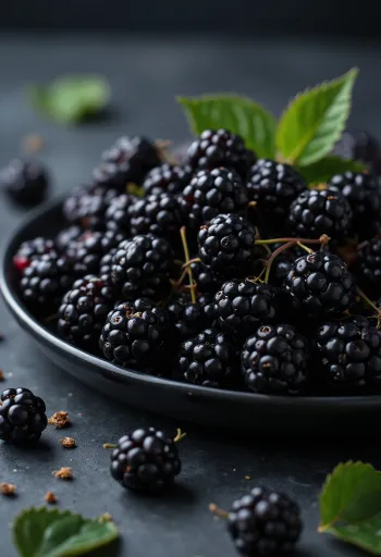 Moras silvestres frescas de color oscuro, cortadas y enteras sobre superficie neutra