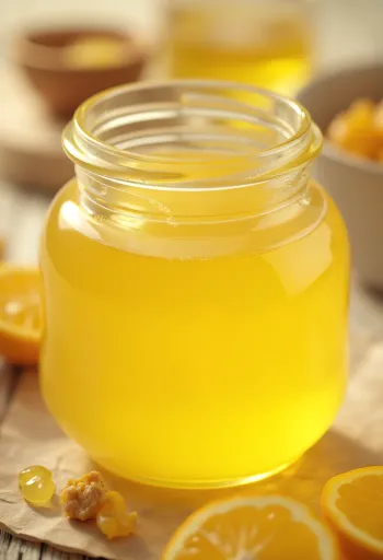 Ghee en tarro de cristal y cuchara sobre madera