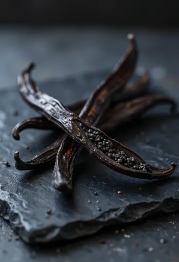 Vainas de vainilla de calidad premium en cuenco y sobre madera