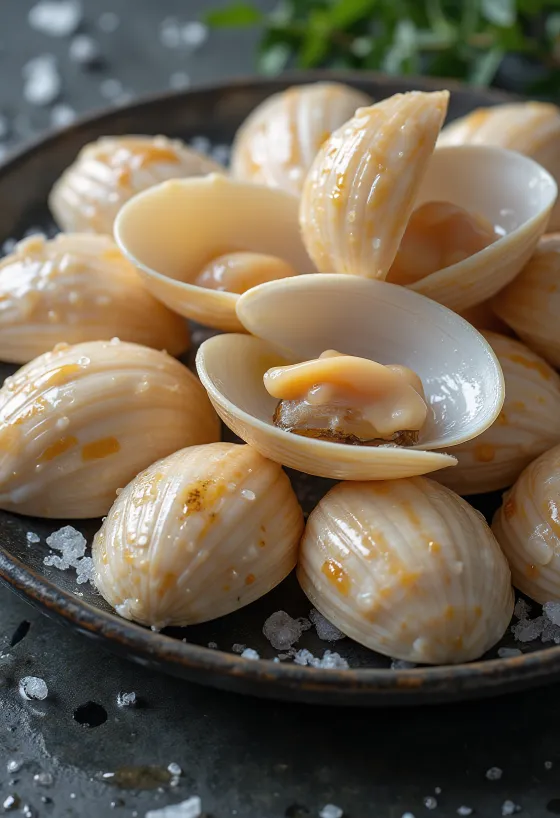 Carne de chirla cruda sobre hielo con limón y perejil