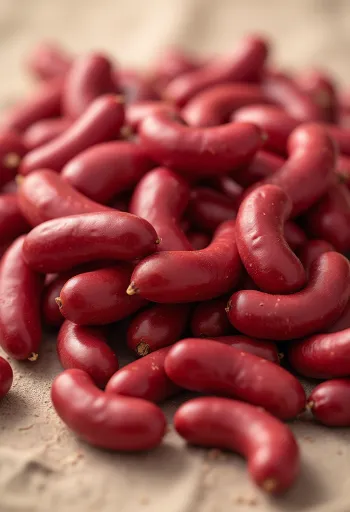 Alubias rojas en cuenco de cerámica y cuchara de madera