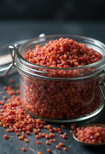 Granos de quinoa roja cruda con tonos rojizos y terrosos