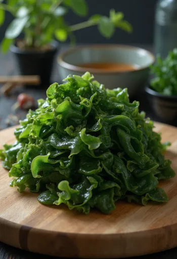 Alga wakame seca en cuenco y esparcida sobre madera