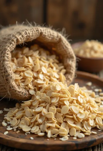 Salvado de avena en cuenco de cerámica y esparcido sobre superficie de cocina de madera