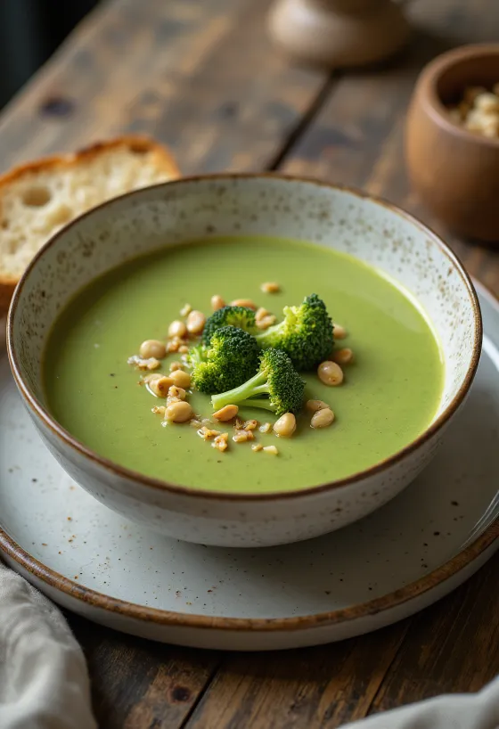 Cremosa sopa de brócoli servida con picatostes crujientes.