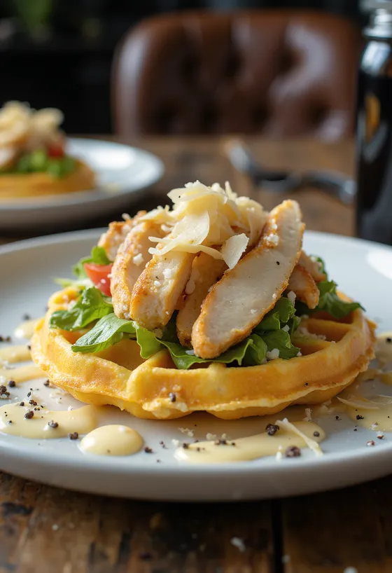 Gofre de ensalada César con pollo y parmesano
