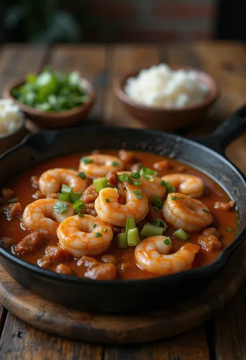 Gumbo de gambas servido en salsa espesa con chorizo y arroz blanco