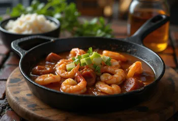 Gumbo de gambas servido en salsa espesa con chorizo y arroz blanco