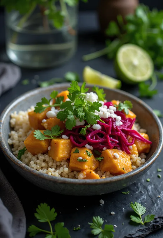 Buddha bowl de quinoa y tofu al curry con remolacha servido