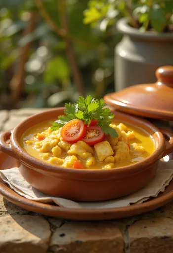 Moqueca clásica, servida con pescado, leche de coco y verduras