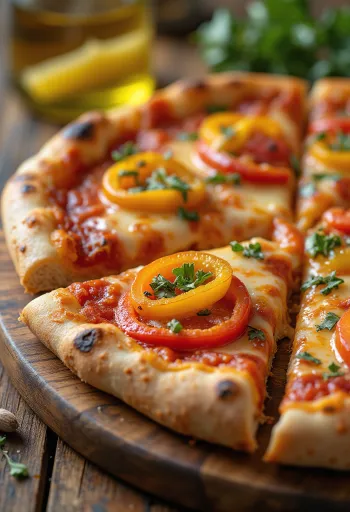 Pizza ai Peperoni con pimientos de colores y mozzarella