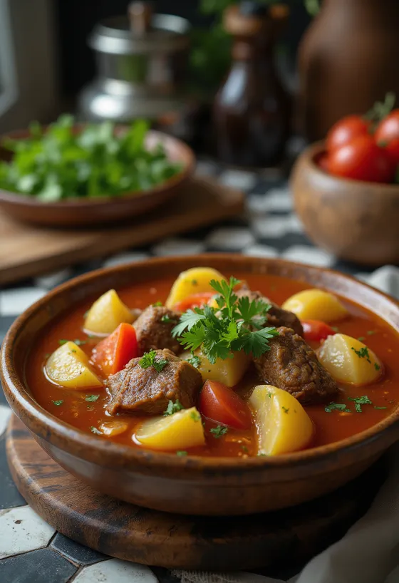 Shurpa con patatas, sopa de carne especiada servida con perejil fresco