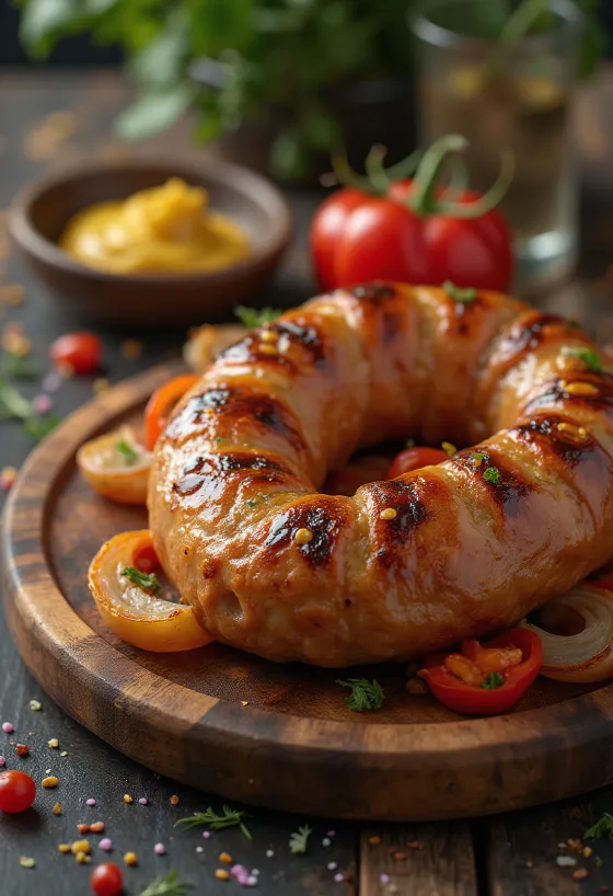 Salchicha asada dorada, servida con piel crujiente y hierbas frescas