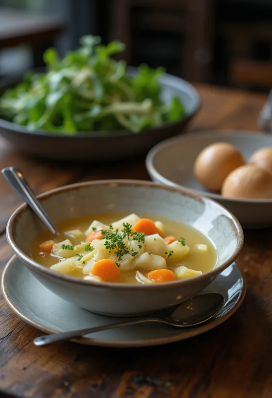 Sopa de colinabo vegana servida