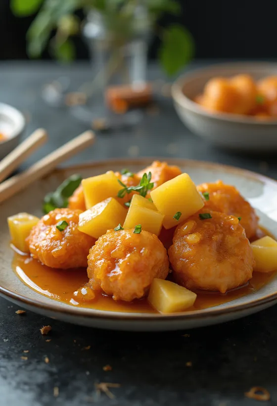 Tangsuyuk de piña servido con carne crujiente y verduras frescas.