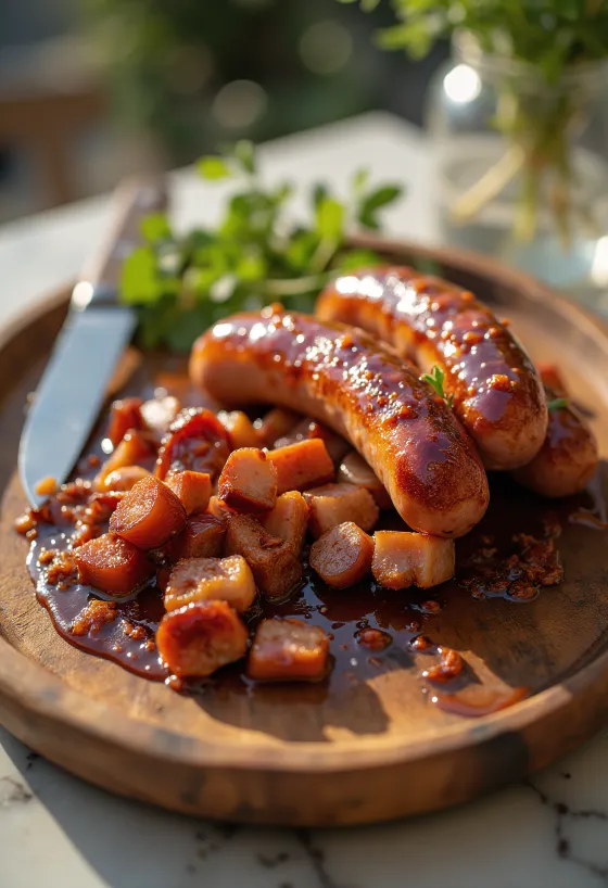 Salchichas BBQ servidas con guarnición fresca