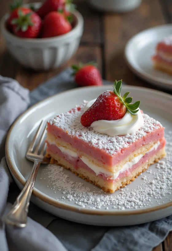 Pastel de bizcocho con fresas servido