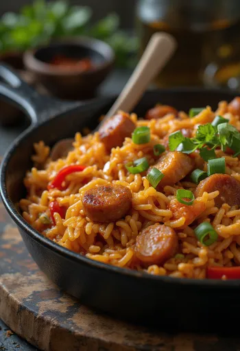 Jambalaya con pollo, sabores ricos e ingredientes coloridos