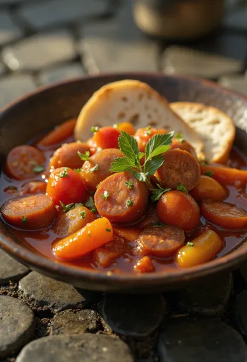 Lecsó servido con pimiento fresco, tomate y salchicha ahumada
