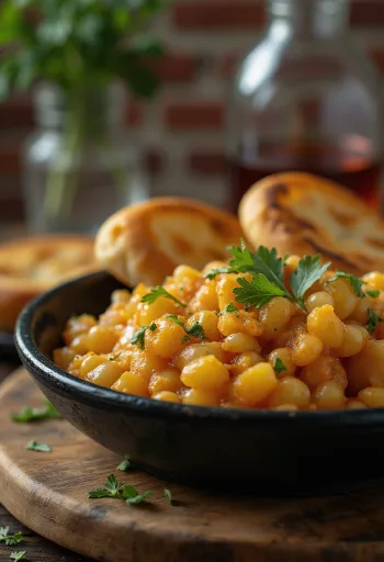 Misal Pav de sabudana, rica salsa de tapioca en bol, servido con panecillos crujientes
