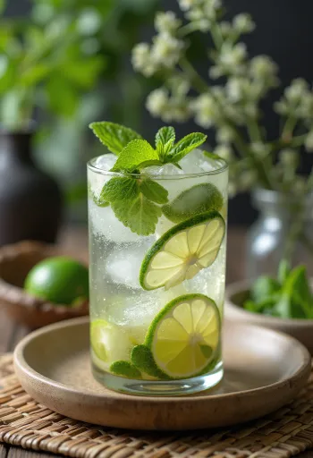 Mojito decorado con hojas de menta fresca y rodajas de lima