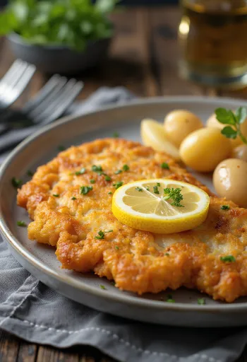 Pork schnitzel con patatas, cerdo crujiente y patatas con mantequilla