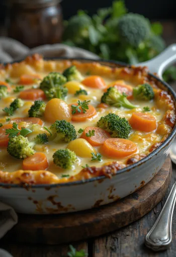 Gratén de verduras en capas, horneado con queso y especias.