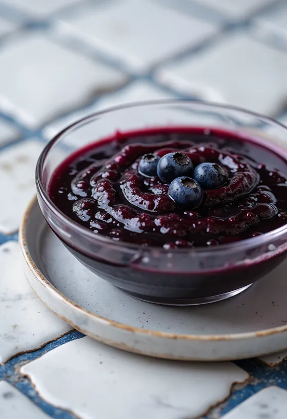 Salsa de arándanos, chile y aceto balsámico en un bol, decorada con arándanos frescos y rodajas de chile.