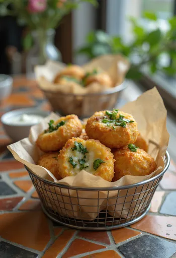 Bolinho de Bacalhau con espinacas, servido con cilantro fresco