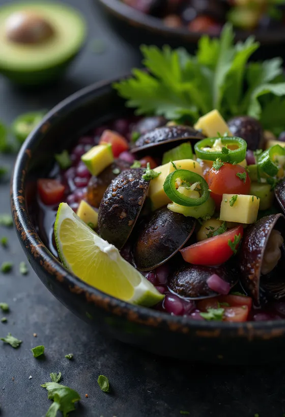 Ceviche de Conchas Negras, servido con marisco fresco y aguacate